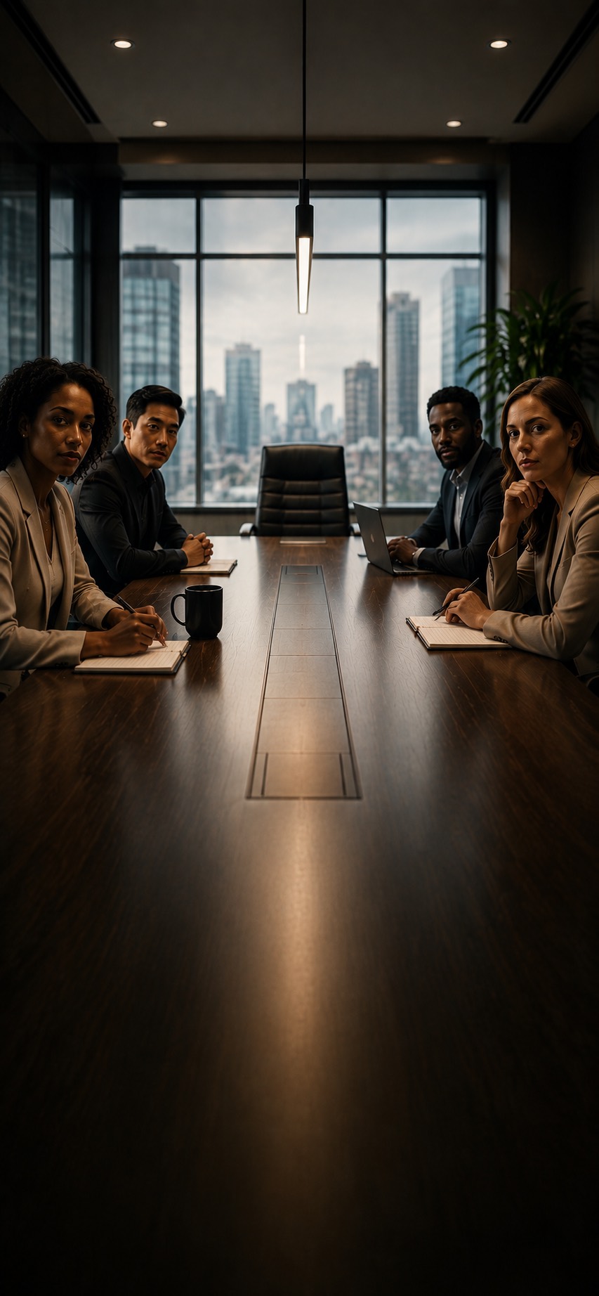 A meeting room seen from the empty chair at the head of the table, with colleagues looking toward it.
