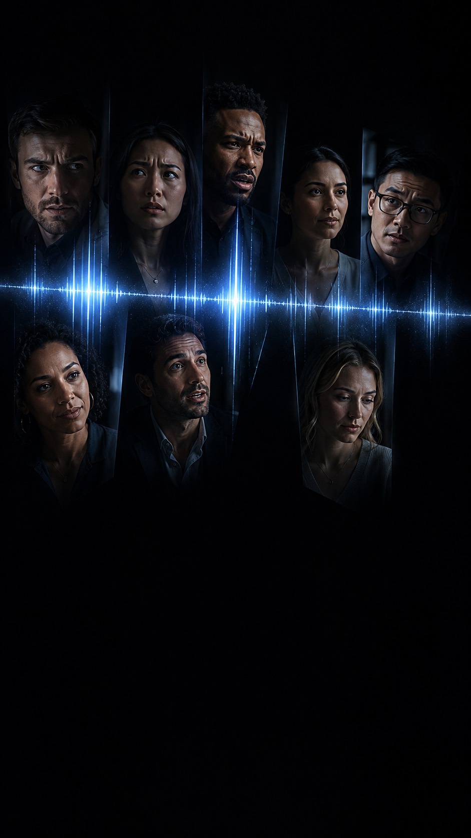 Faces emerging from darkness above a blue voice waveform.